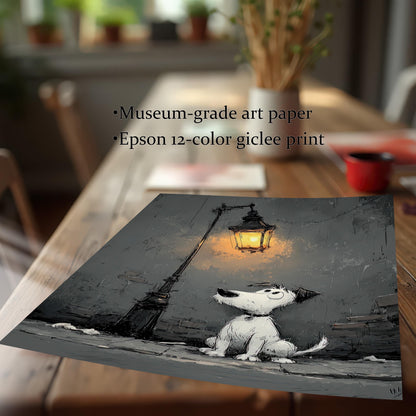 A square print of a cartoon-style dog painting with a lit street lamp, lying on a wooden table. Text describes the print quality: "Museum-grade art paper" and "Epson 12-color giclee print."