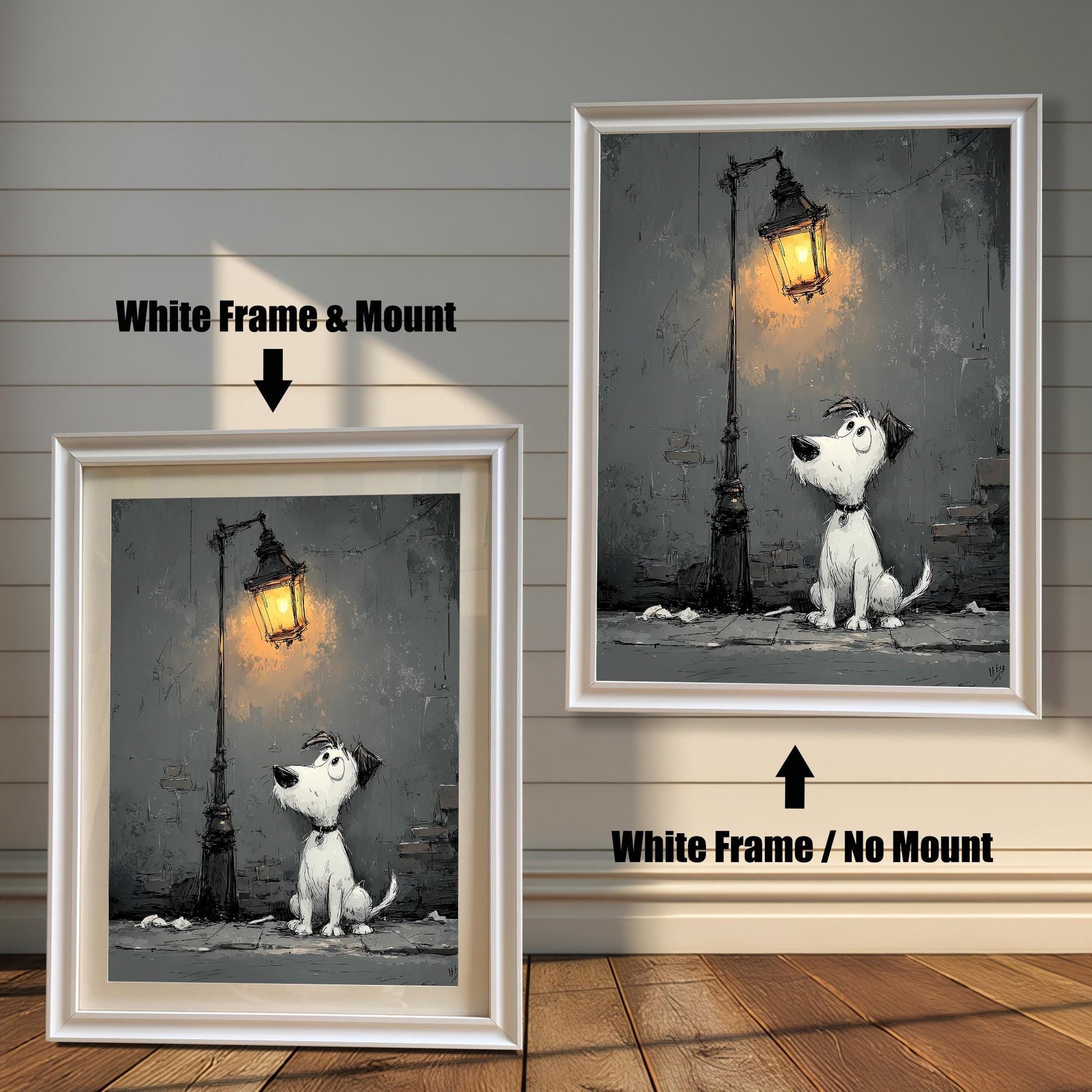 A side-by-side comparison of a cartoon-style dog painting. On the left, it's in a white frame with a white mount. On the right, it's in the same frame without a mount.