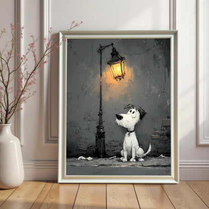 A framed cartoon-style painting of a fluffy dog looking up at a street lamp, leaning against a white wainscoting wall on a hardwood floor.