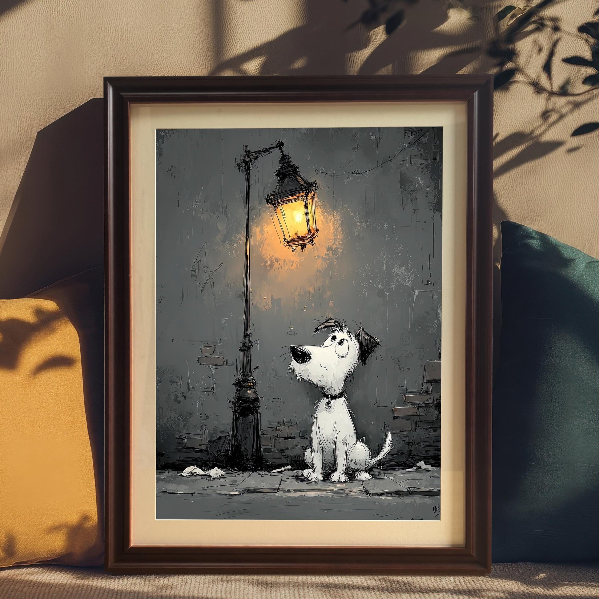 A framed cartoon-style painting of a fluffy dog looking up at a street lamp. The artwork is propped against a couch with yellow and blue pillows.