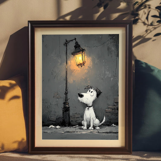 A framed cartoon-style painting of a fluffy dog looking up at a street lamp. The artwork is propped against a couch with yellow and blue pillows.