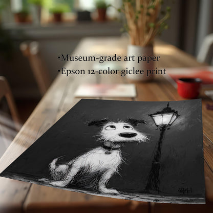 A square print of a black and white cartoon-style dog painting lying on a wooden table. Text describes the print quality: "Museum-grade art paper" and "Epson 12-color giclee print."