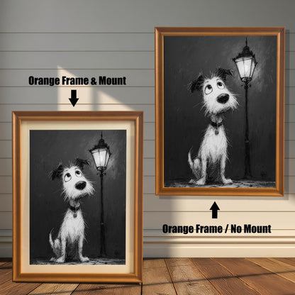 A side-by-side comparison of a cartoon-style dog painting. On the left, it's in a light brown, "orange" colored frame with a mount. On the right, it's in the same frame without a mount.