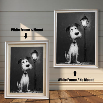 A side-by-side comparison of a cartoon-style dog painting. On the left, it's in a white frame with a mount. On the right, it's in the same frame without a mount.
