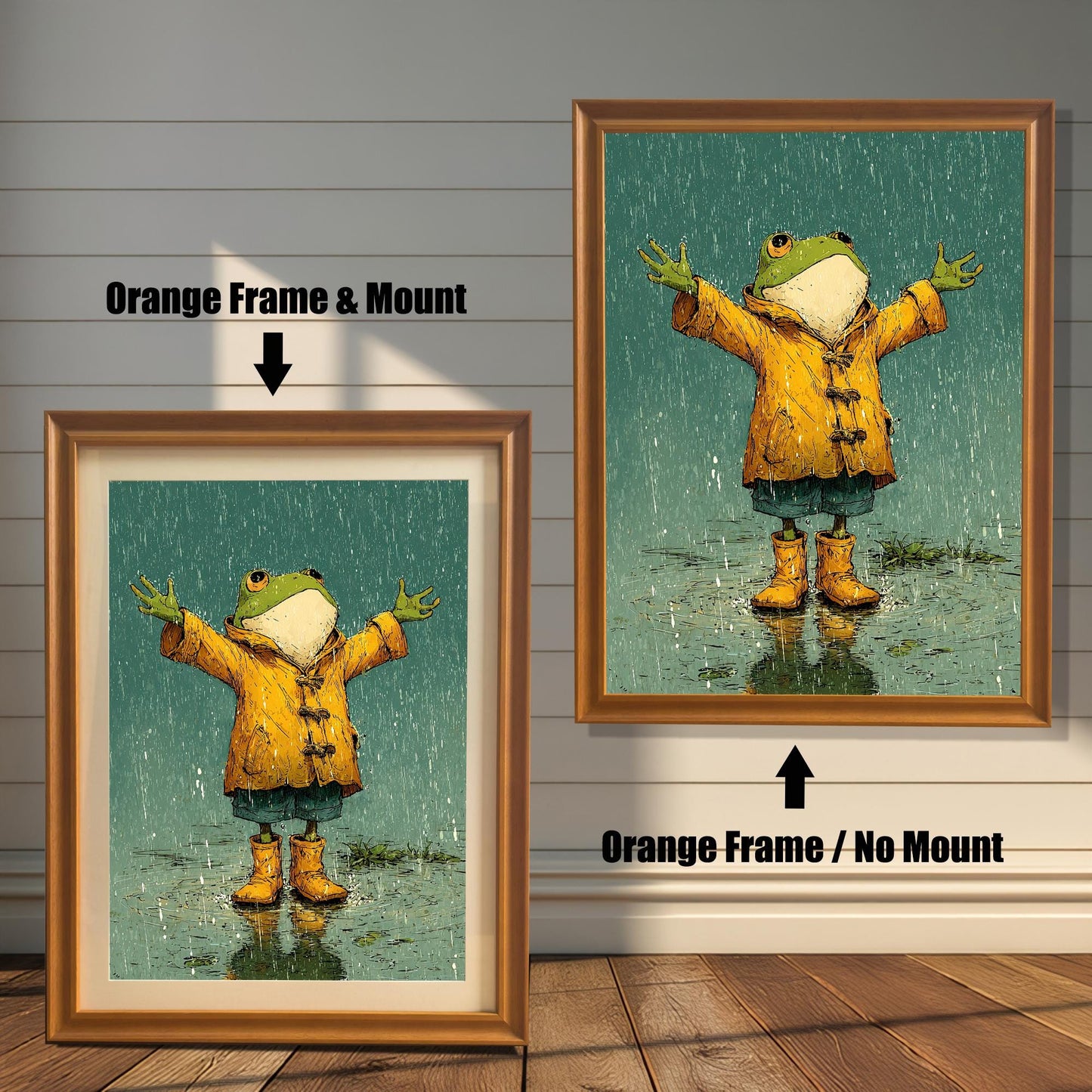 A side-by-side comparison of a cartoon-style frog painting. On the left, it's in a light brown, "orange" colored frame with a mount. On the right, it's in the same frame without a mount.