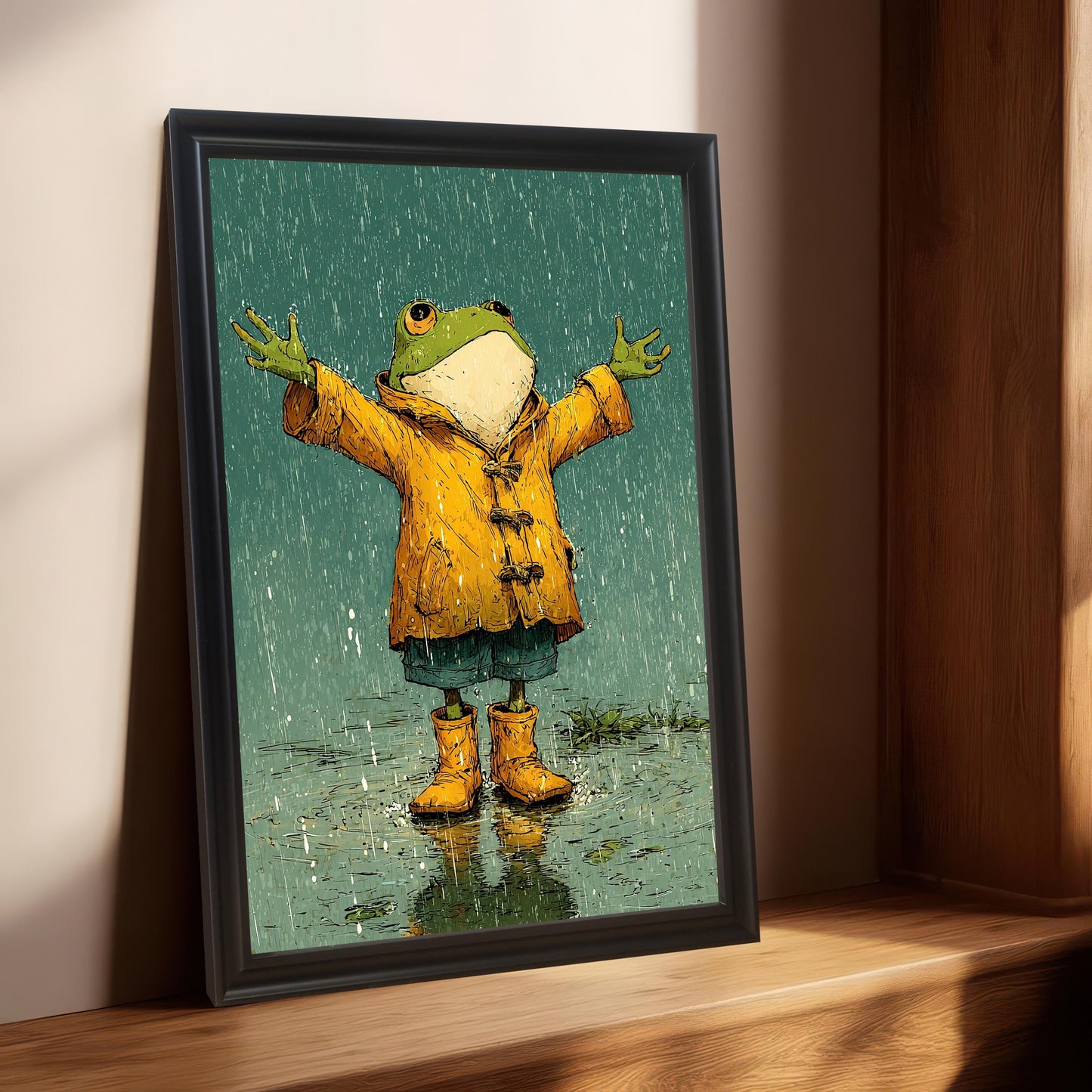 A framed cartoon-style frog painting in a black frame, propped up on a wooden windowsill.
