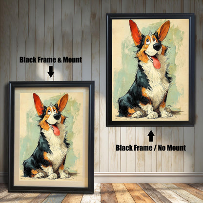 A side-by-side comparison of a cartoon-style Corgi painting. On the left, it's in a black frame with a white mount. On the right, it's in a black frame without a mount.