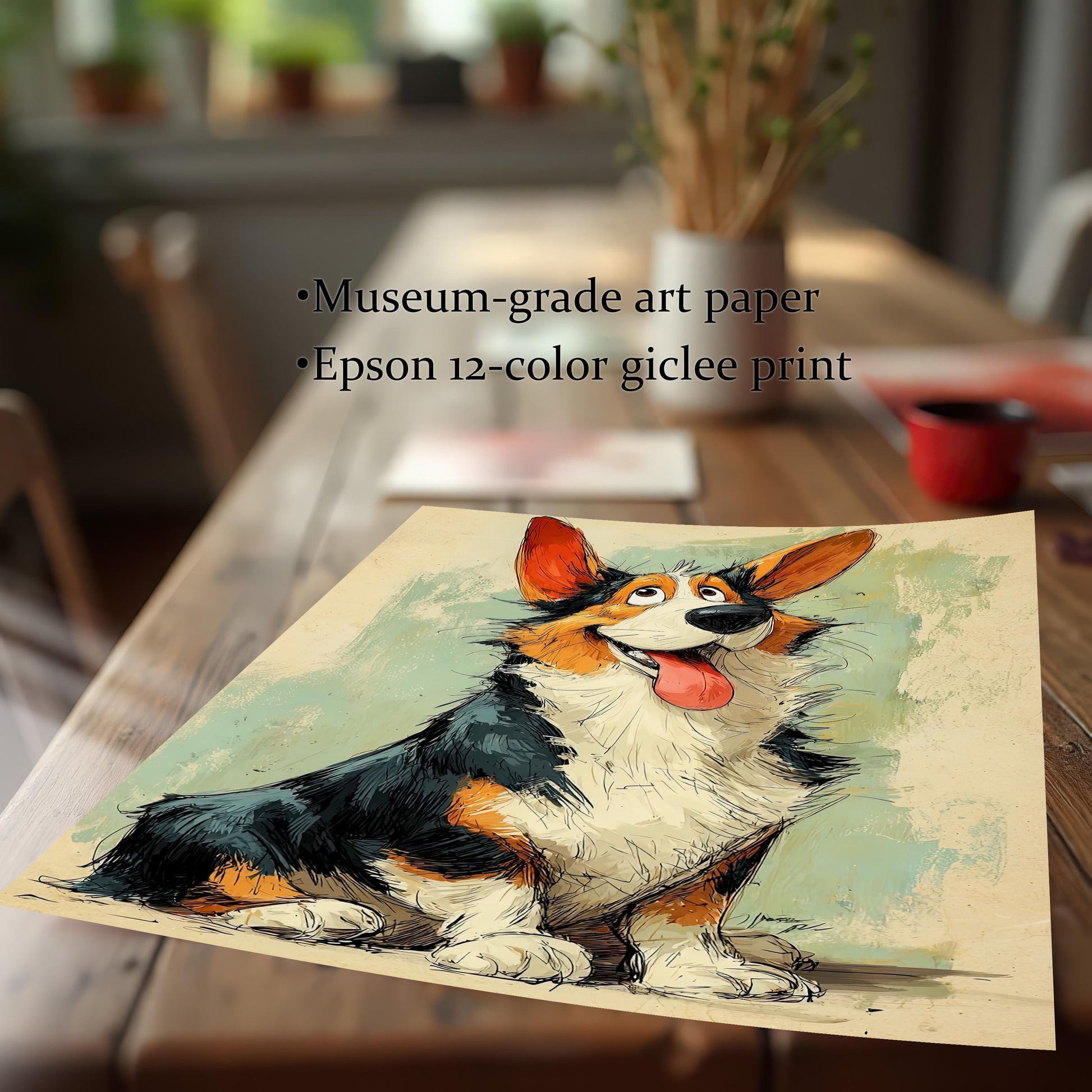 A square print of a cartoon-style Corgi painting lying on a wooden table with text describing the print quality: "Museum-grade art paper" and "Epson 12-color giclee print."