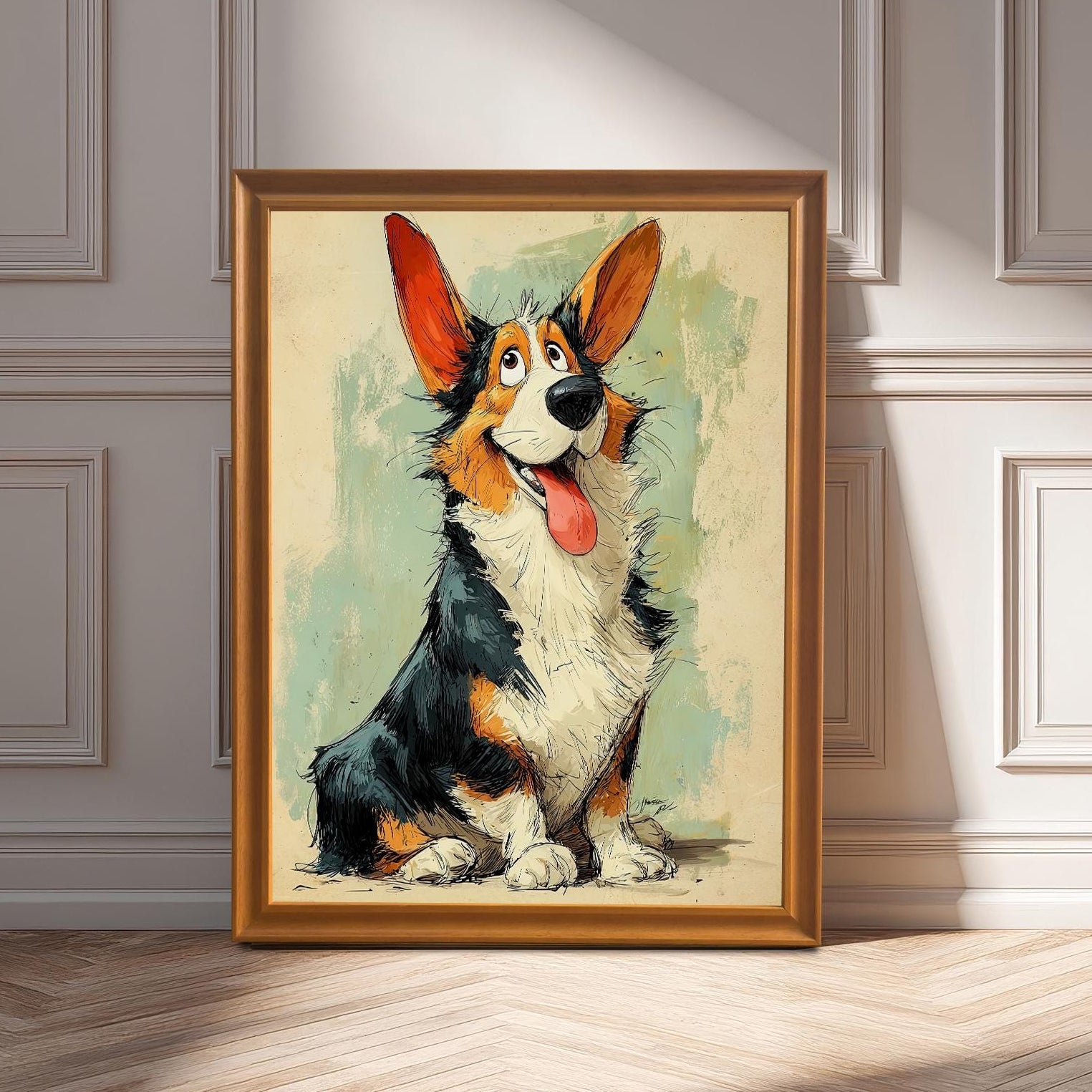 A cartoon-style painting of a fluffy black, white, and orange Corgi sitting on a hardwood floor, leaning against a white wainscoting wall, with a orange-colored frame.