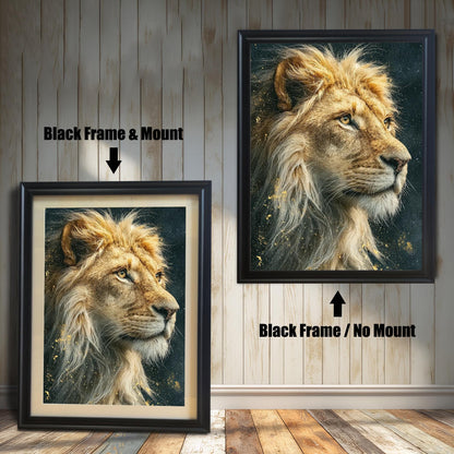 Two framed portraits of a lion's head. The painting on the left is in a black frame with a mat. The one on the right is in a black frame without a mat. Text labels indicate the framing difference.