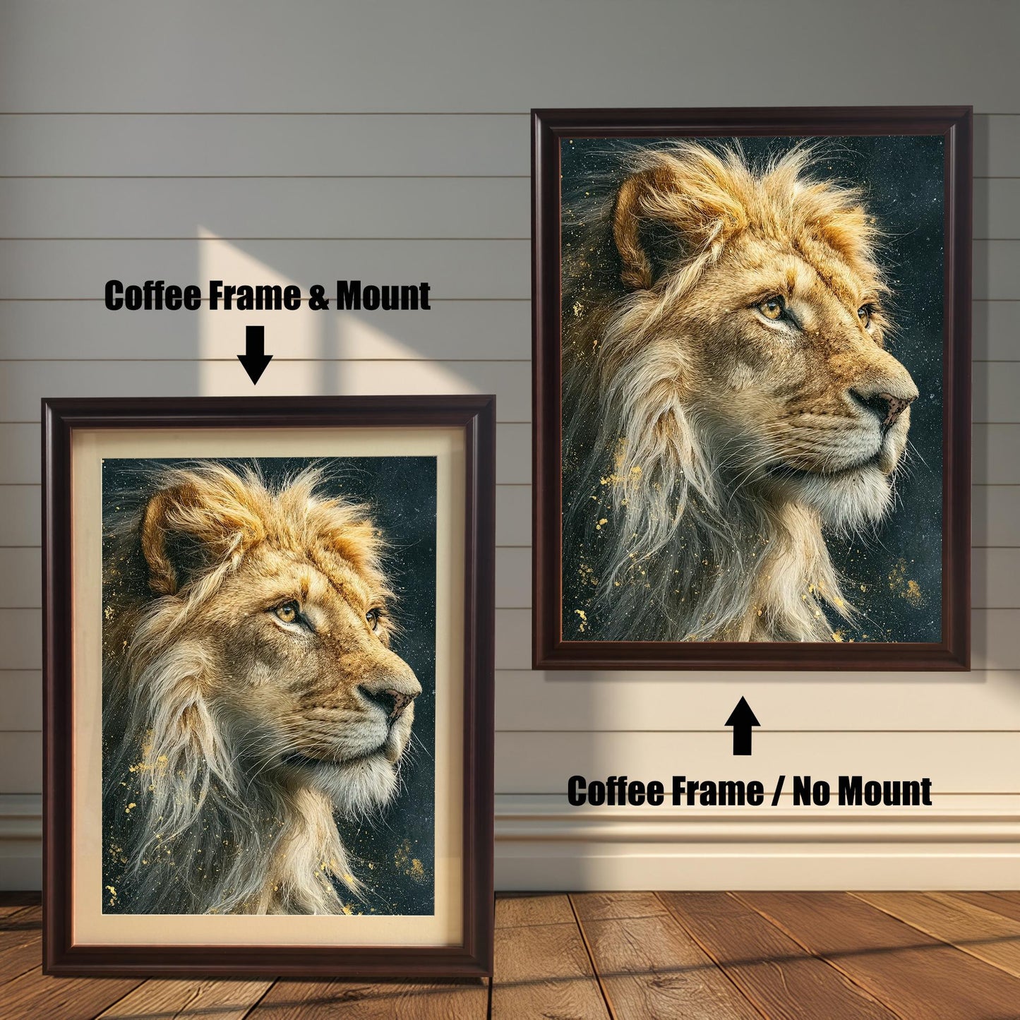 Two framed portraits of a lion's head. The painting on the left is in a coffee-colored frame with a mat. The one on the right is in a coffee-colored frame without a mat. Text labels indicate the framing difference.