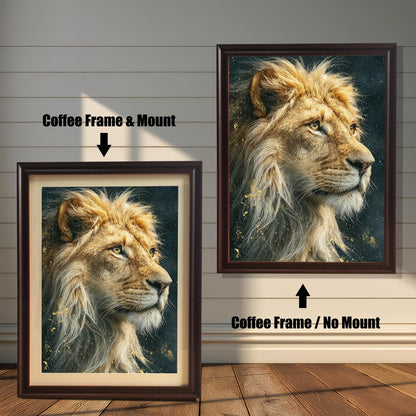 Two framed portraits of a lion's head. The painting on the left is in a coffee-colored frame with a mat. The one on the right is in a coffee-colored frame without a mat. Text labels indicate the framing difference.