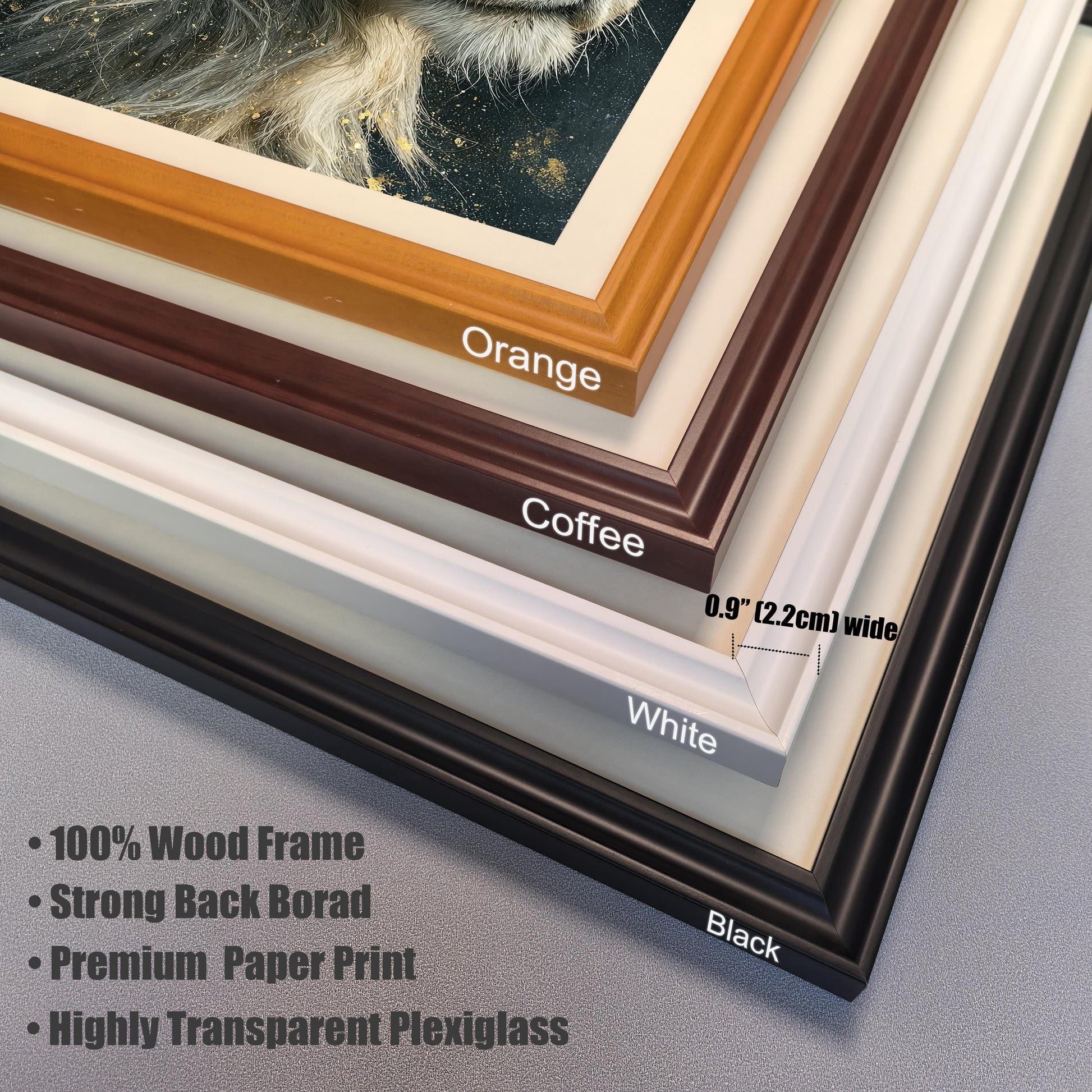 A close-up, stacked view of the four available frame styles: orange, coffee, white, and black. A ruler indicates the frame width is 0.9 inches. Text lists features like a "100% Wood Frame."