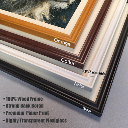 A close-up, stacked view of the four available frame styles: orange, coffee, white, and black. A ruler indicates the frame width is 0.9 inches. Text lists features like a "100% Wood Frame."