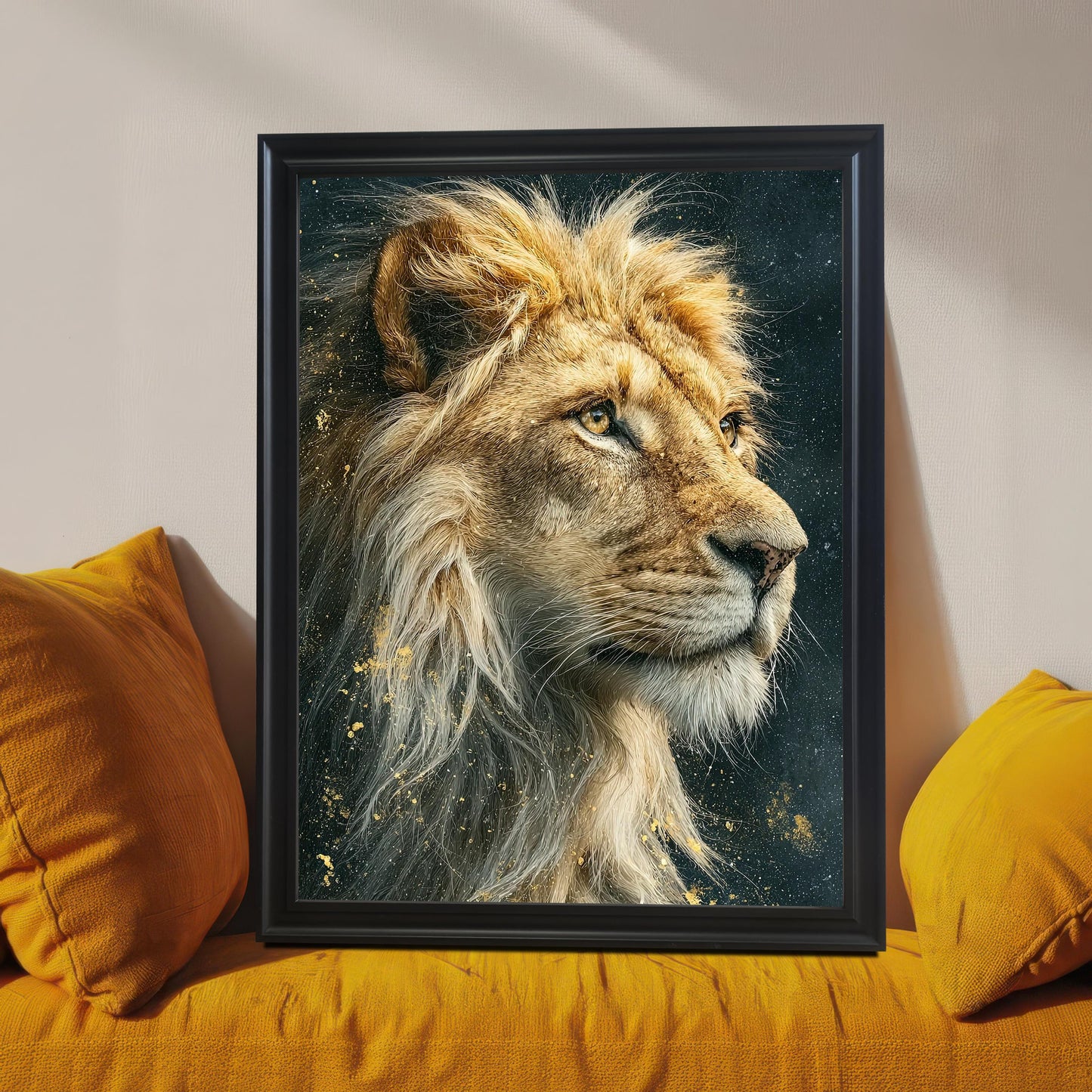 A framed portrait of a lion's head against a dark, starry background. The painting is in a black frame, resting on a yellow couch between two pillows.