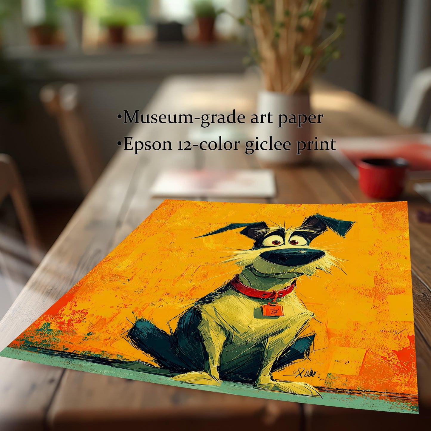 A close-up of a print of a cartoon dog painting, showcasing the art paper's quality. Text describes the product as "Museum-grade art paper" and an "Epson 12-color giclee print."