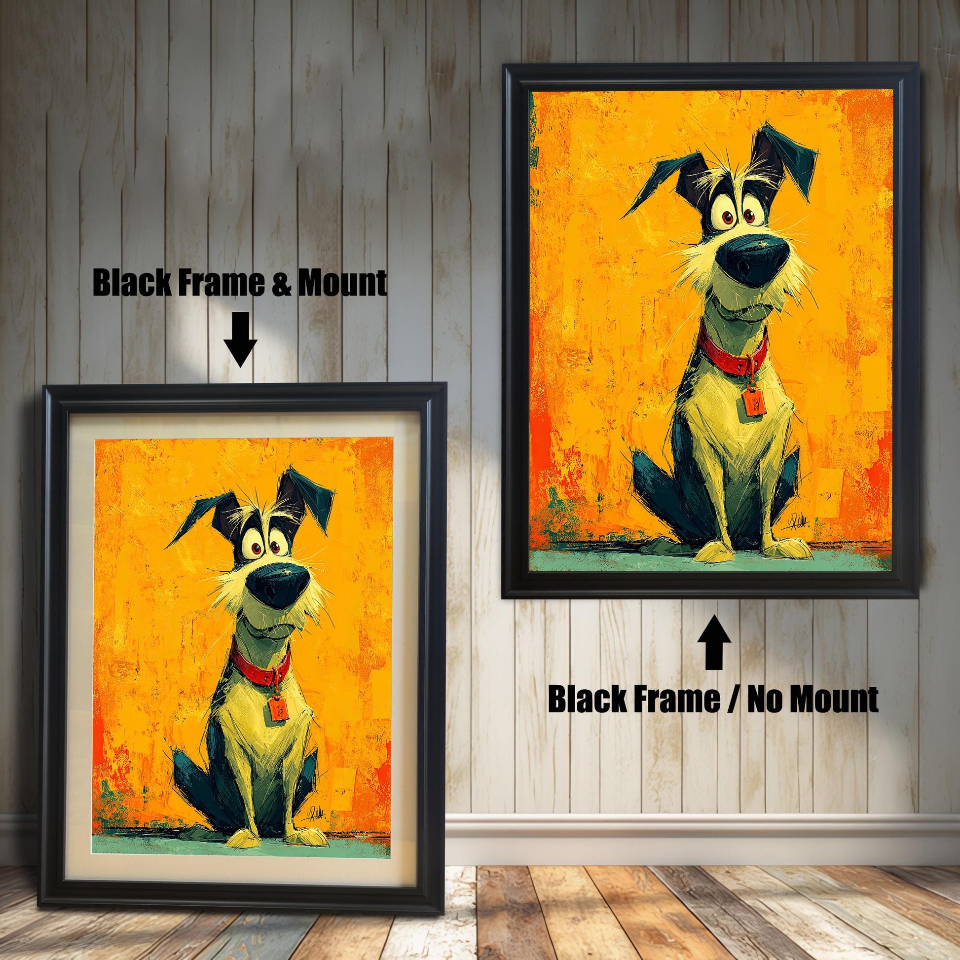 Two framed paintings of a cartoon dog. The painting on the left is in a black frame with a mat. The one on the right is in a black frame without a mat. Text labels indicate the framing difference.