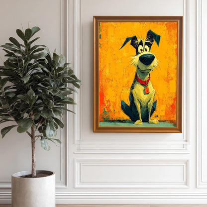 A framed painting of a cartoon dog with a red collar hanging on a white wainscoted wall. The painting is in a yellow-brown frame, next to a large potted plant.