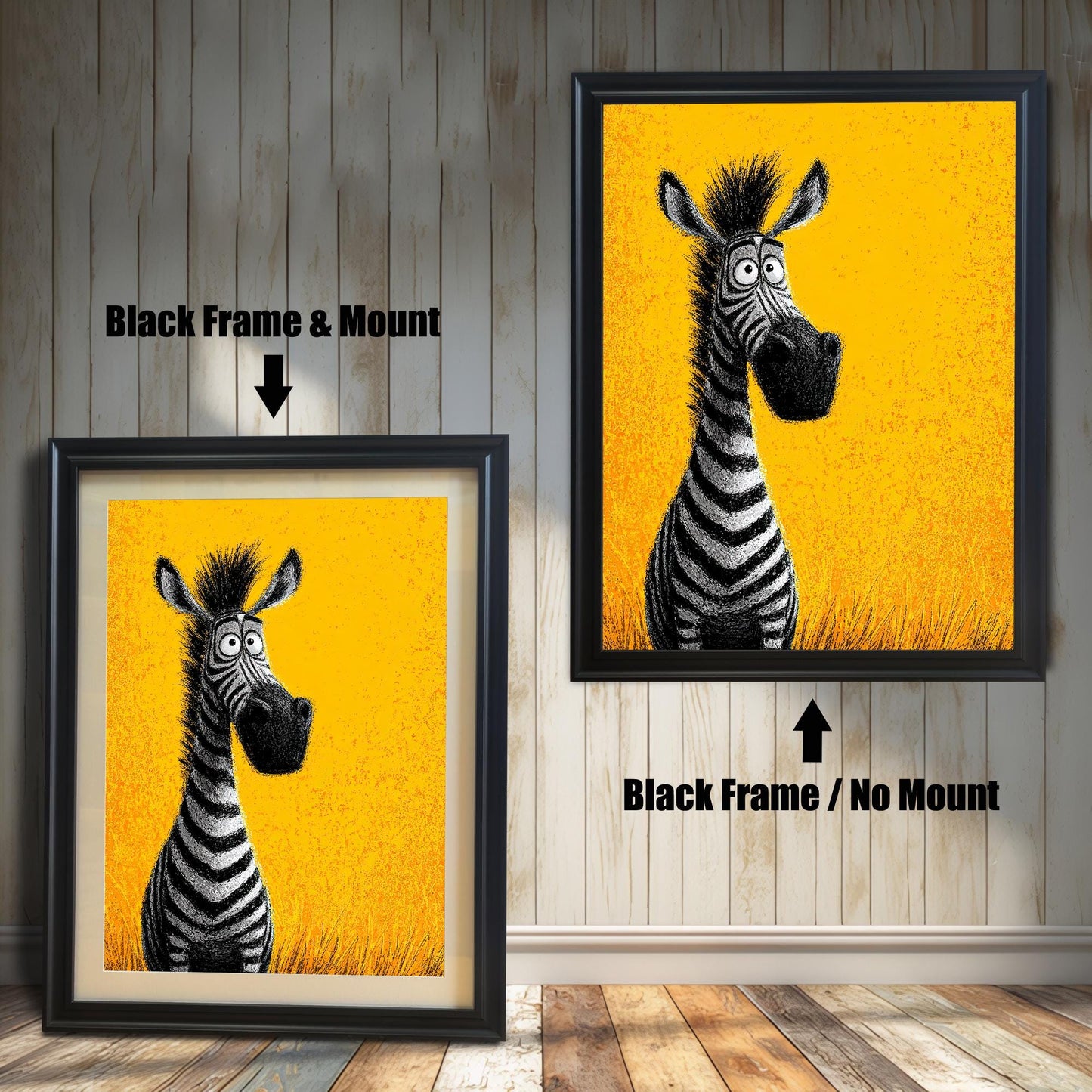 Two framed paintings of a cartoon zebra. The painting on the left is in a black frame with a mat. The one on the right is in a black frame without a mat. Text labels indicate the difference in framing.