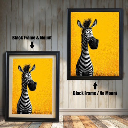 Two framed paintings of a cartoon zebra. The painting on the left is in a black frame with a mat. The one on the right is in a black frame without a mat. Text labels indicate the difference in framing.