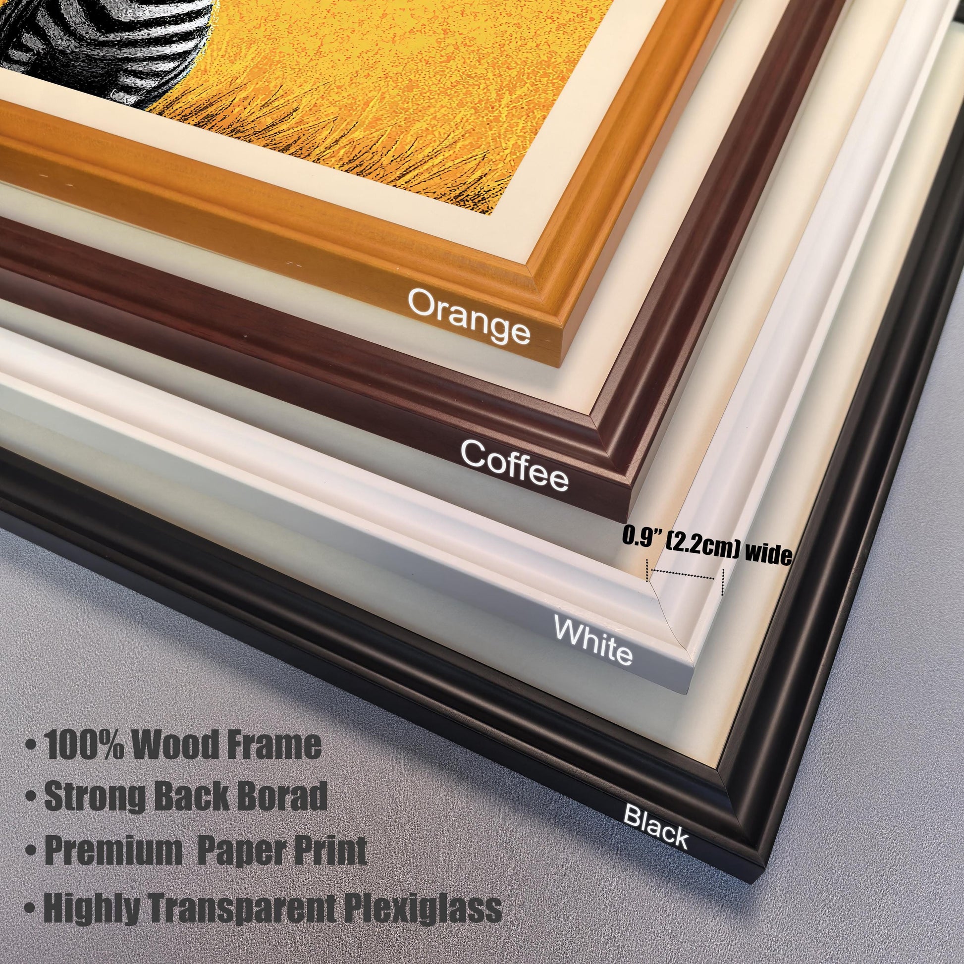 A close-up, stacked view of the four available frame styles for the zebra print: orange, coffee, white, and black. Text lists features like a "100% Wood Frame."