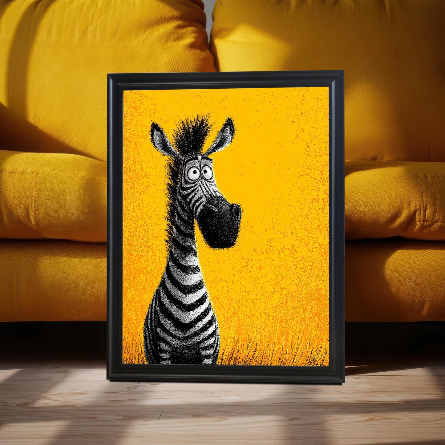 A framed painting of a cartoon zebra with big eyes, leaning against a yellow couch. The painting is in a black frame and is casting a shadow on the floor.