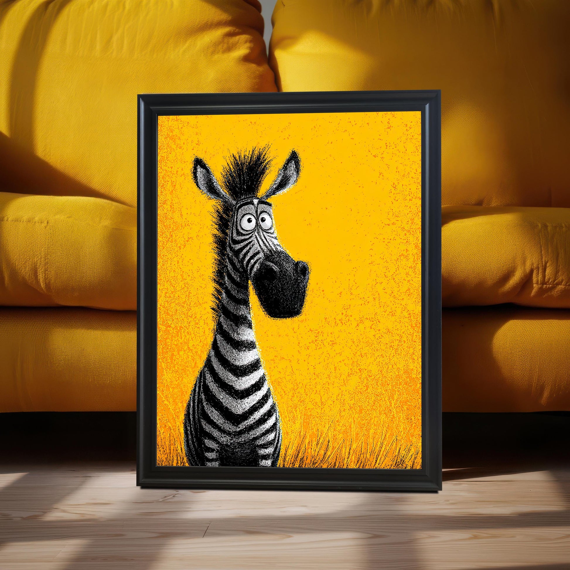 A framed painting of a cartoon zebra with big eyes, leaning against a yellow couch. The painting is in a black frame and is casting a shadow on the floor.