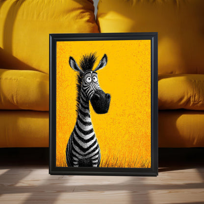 A framed painting of a cartoon zebra with big eyes, leaning against a yellow couch. The painting is in a black frame and is casting a shadow on the floor.