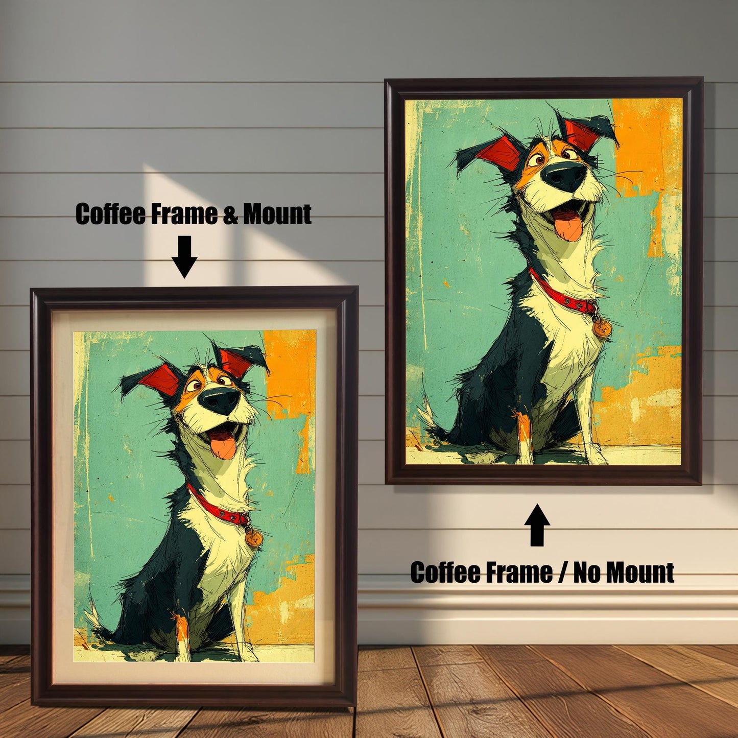 Two framed paintings of a happy dog. The painting on the left is in a coffee-colored frame with a mat. The one on the right is in a coffee-colored frame without a mat. Text labels show the difference in framing.
