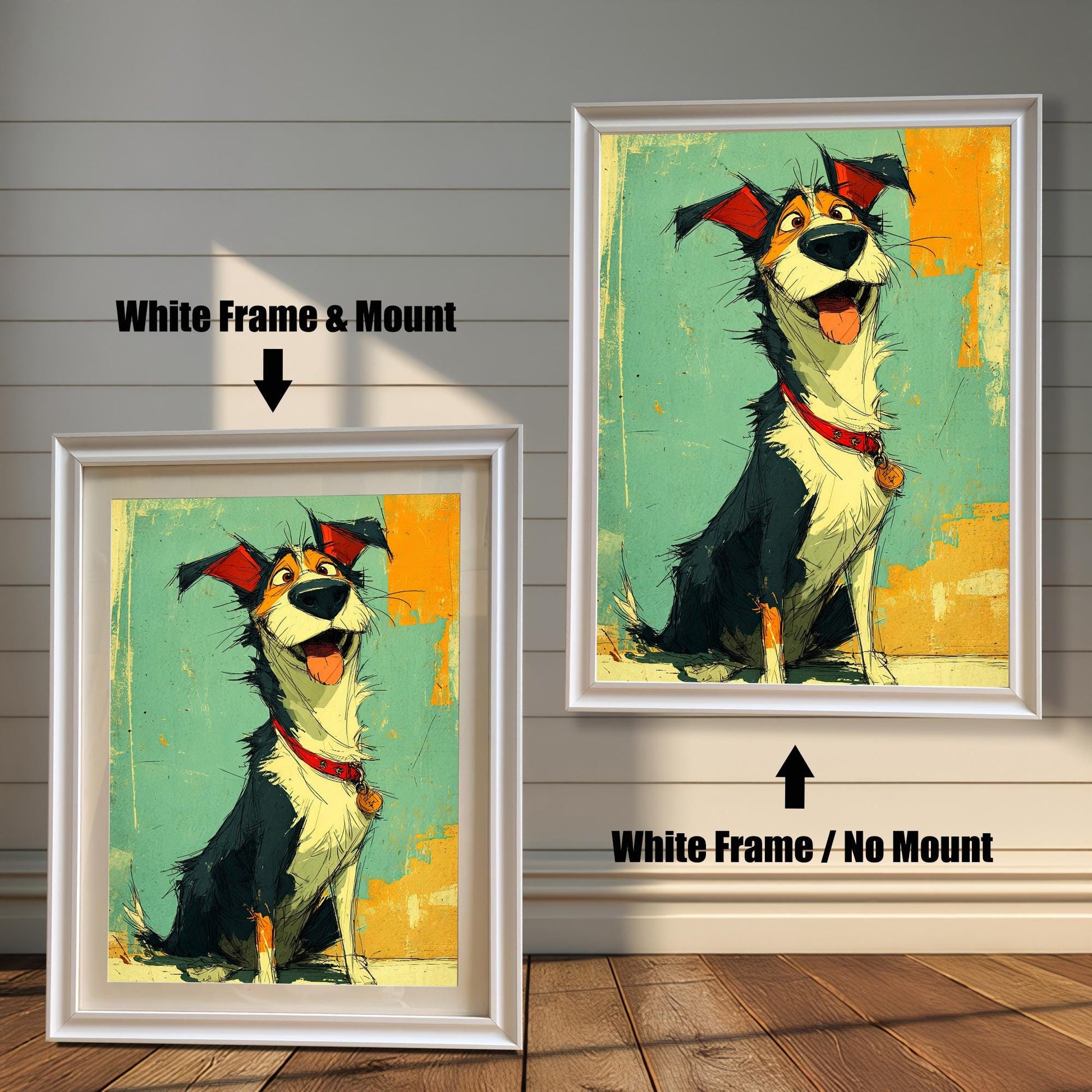 Two framed paintings of a happy dog. The painting on the left is in a white frame with a mat. The one on the right is in a white frame without a mat. Text labels show the difference in framing.
