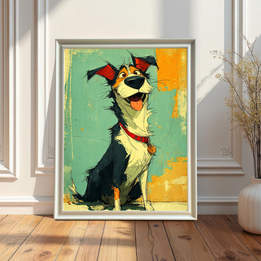 A framed painting of a happy dog sitting on a wooden floor, leaning against a white wainscoted wall. The painting is in a white frame, next to a white vase with dried flowers.