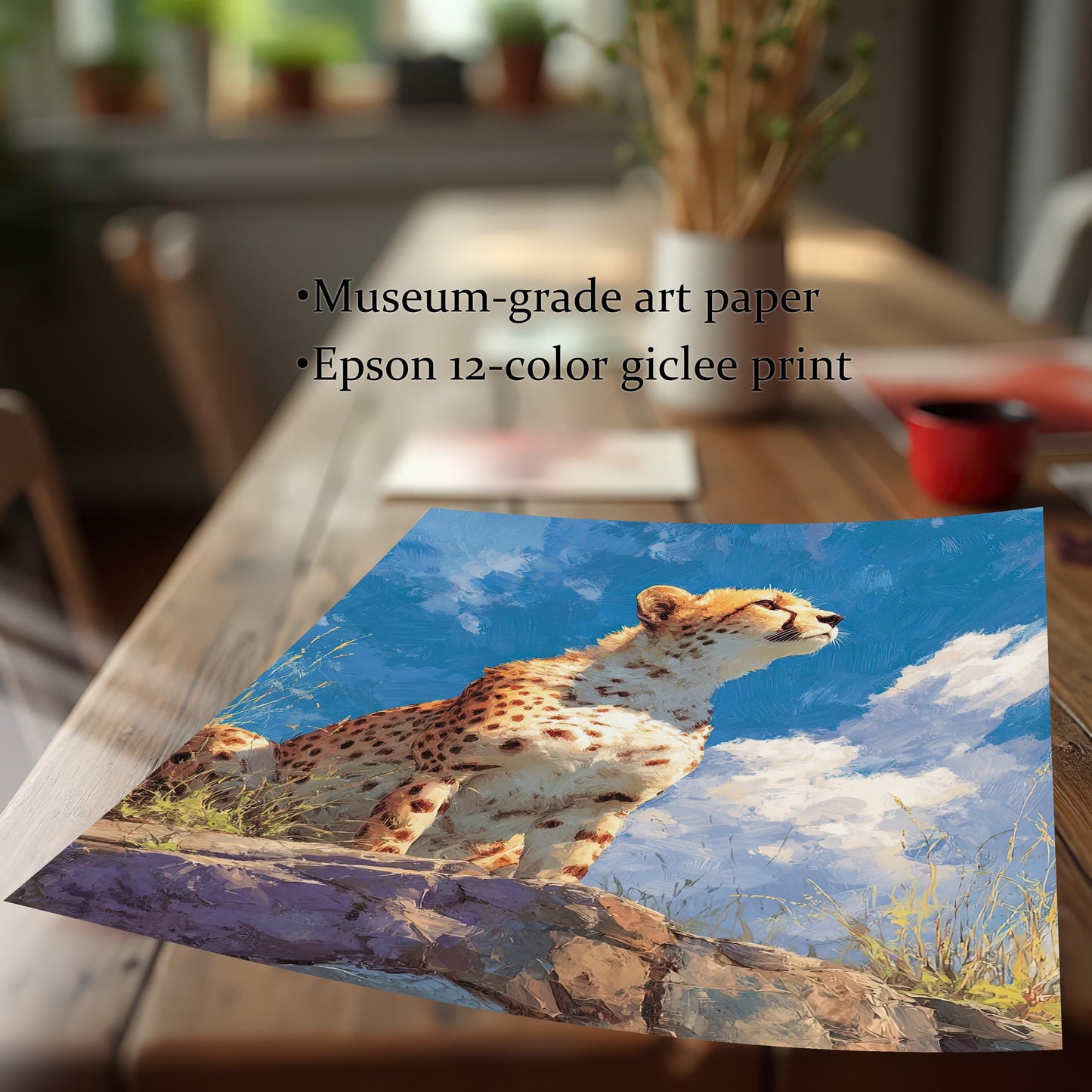 A close-up of the corner of a print of a cheetah painting, showcasing the quality of the paper. Text describes the product as "Museum-grade art paper" and an "Epson 12-color giclee print."