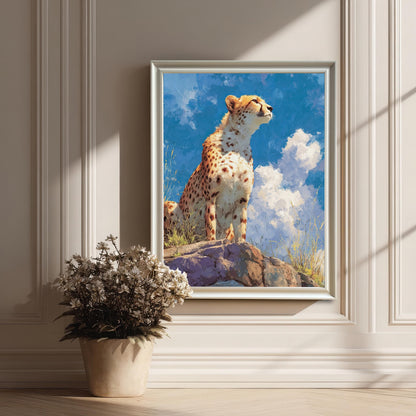 A framed painting of a cheetah sitting on a rock under a blue sky with clouds. The painting is in a white frame, leaning against a white wainscoted wall next to a pot of dried flowers.