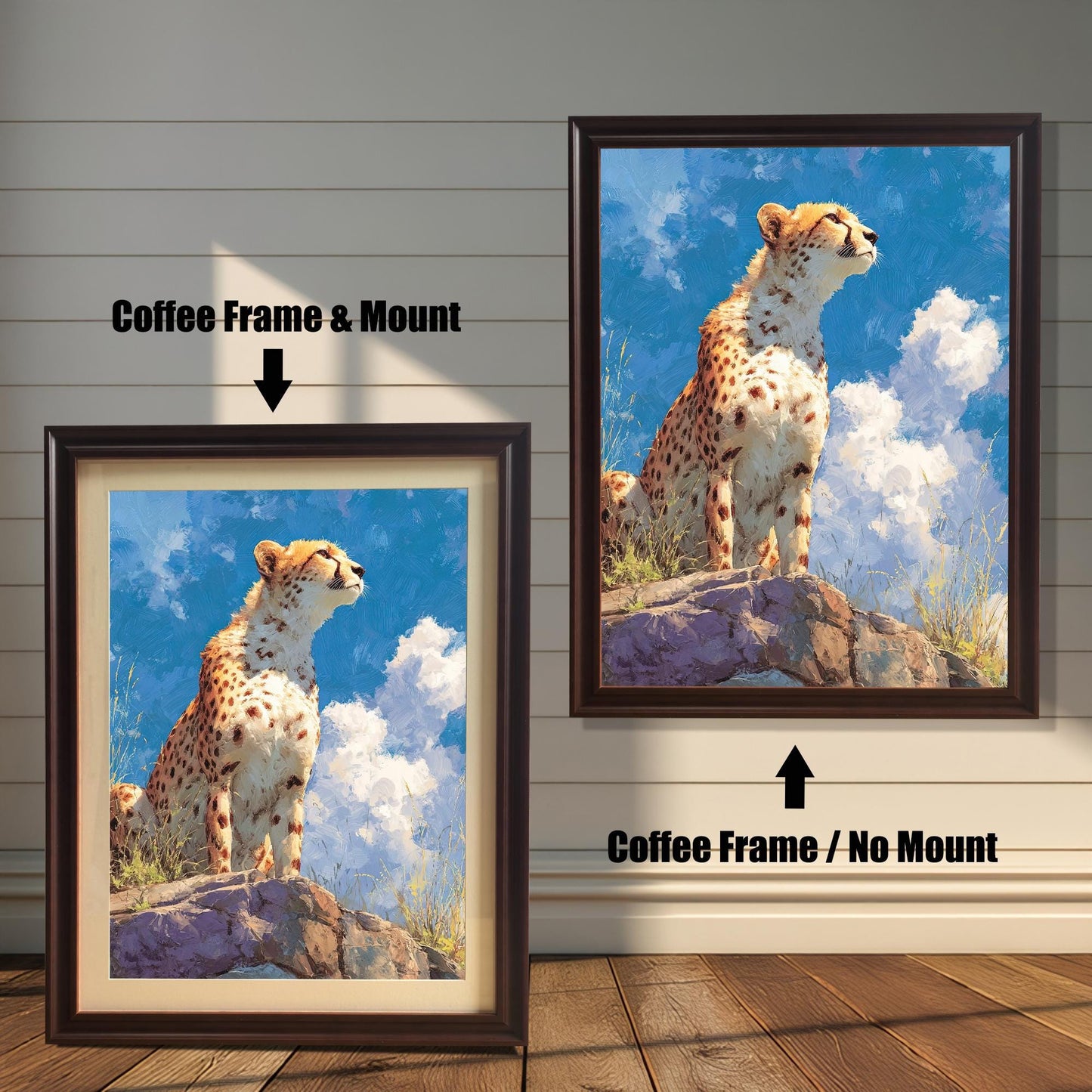 Two framed paintings of a cheetah sitting on a rock. The painting on the left is in a coffee-colored frame with a mat. The one on the right is in a coffee-colored frame without a mat. Text above each image indicates the difference in framing.