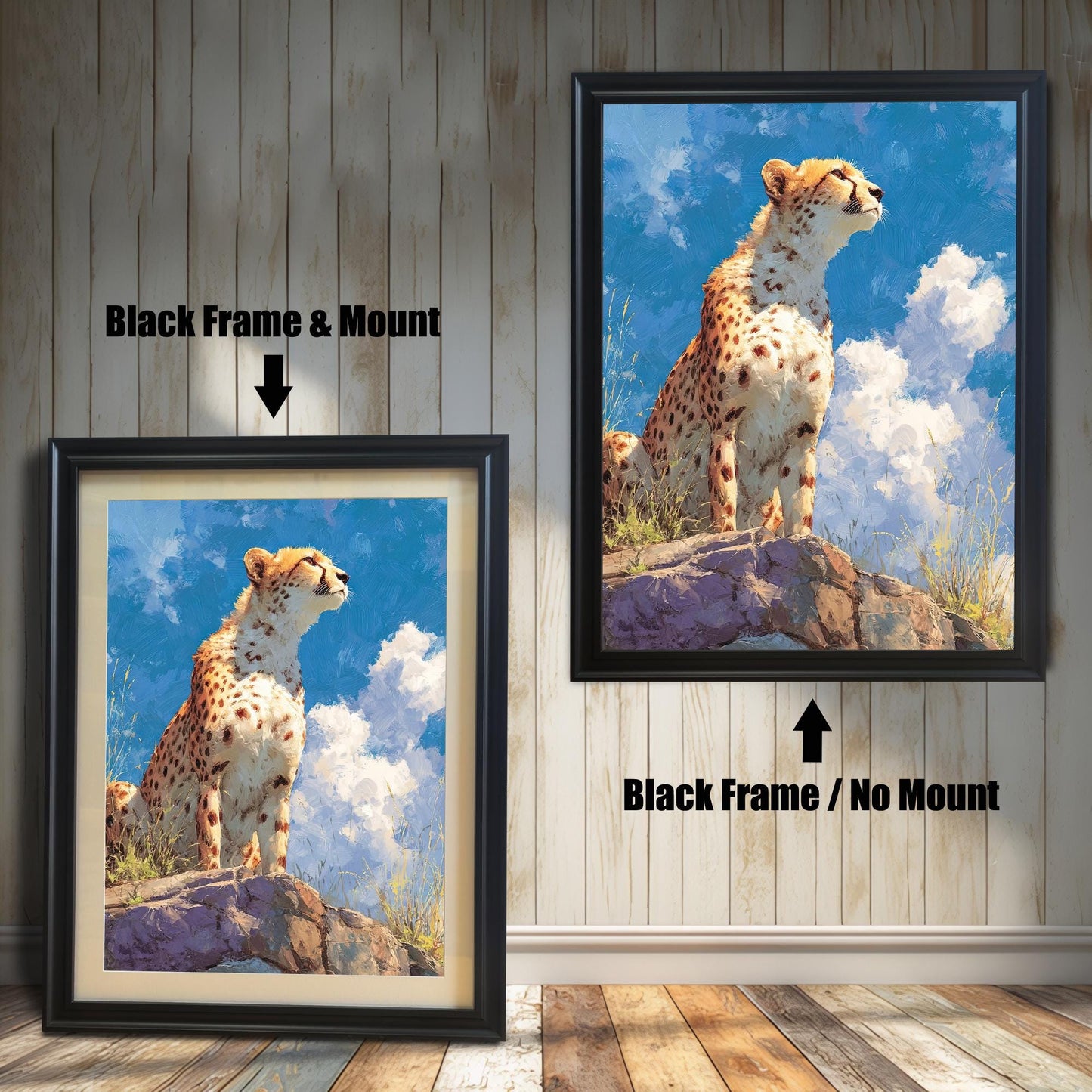 Two framed paintings of a cheetah sitting on a rock. The painting on the left is in a black frame with a mat. The one on the right is in a black frame without a mat. Text above each image indicates the difference in framing.