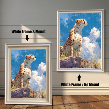 Two framed paintings of a cheetah sitting on a rock. The painting on the left is in a white frame with a mat. The one on the right is in a white frame without a mat. Text above each image indicates the difference in framing.