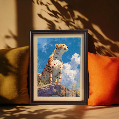 A framed painting of a cheetah sitting on a rock. The painting is in a black frame with a cream-colored mat, leaning against a tan background between a yellow and an orange pillow.