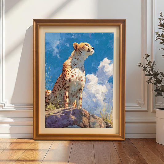 A framed painting of a cheetah sitting on a rock under a blue sky with clouds. The painting is in an orange-brown frame with a cream-colored mat, leaning against a white wainscoted wall next to a houseplant.