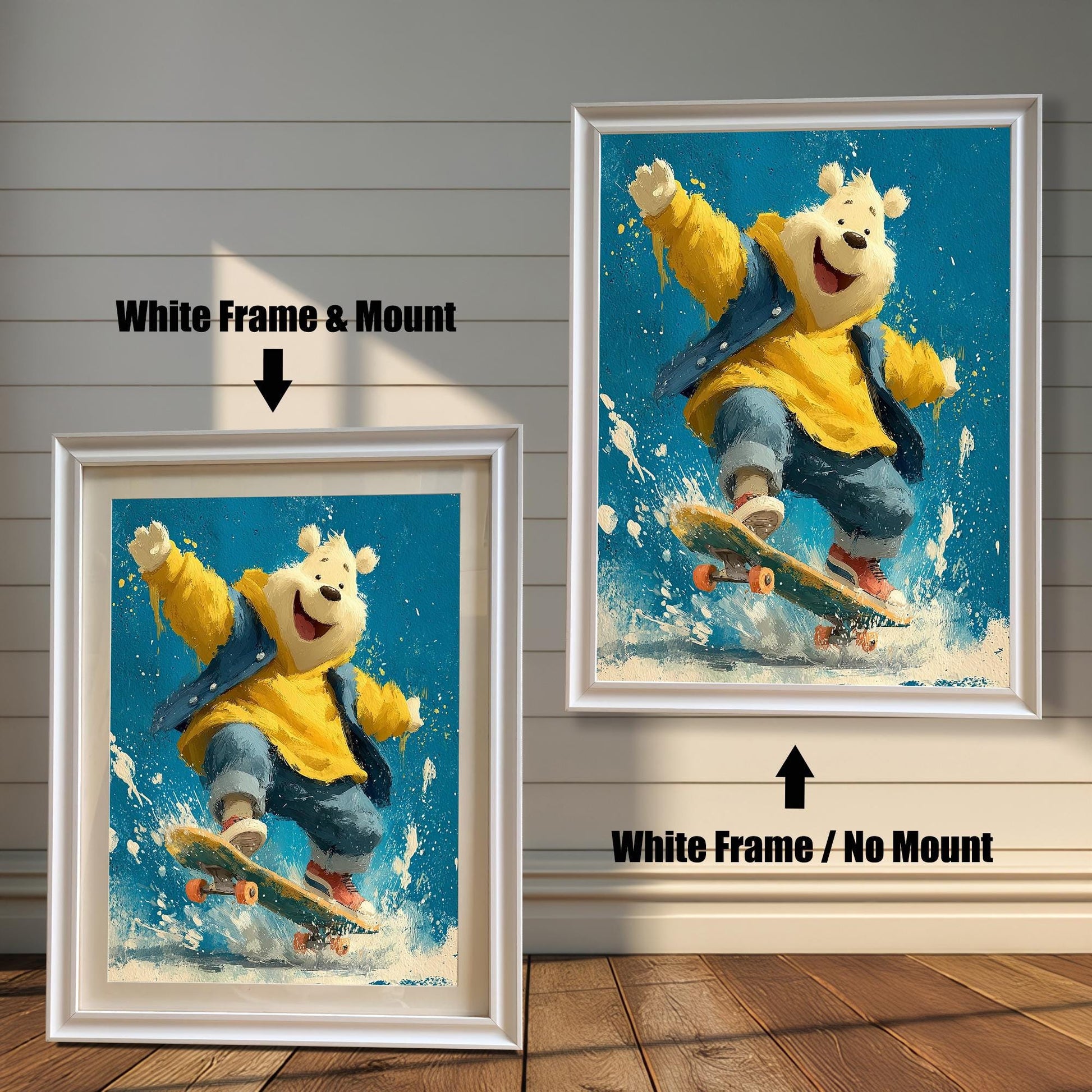 Two framed versions of the same polar bear painting. The larger one is a white frame with no mount. The smaller one is a white frame with a mount.