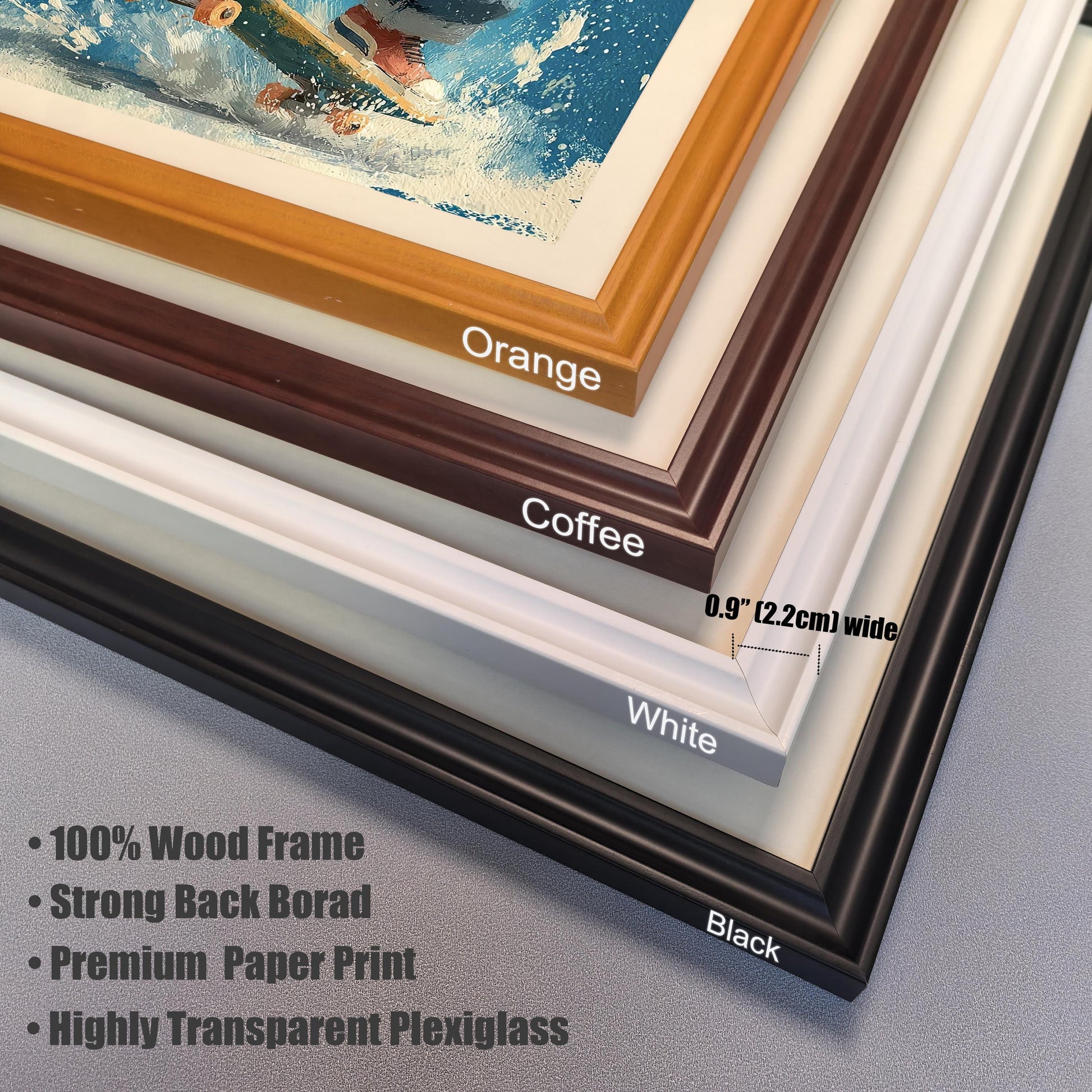A close-up, angled view of four frame corners in different colors: orange, coffee, white, and black. Text describes the frame materials and plexiglass.