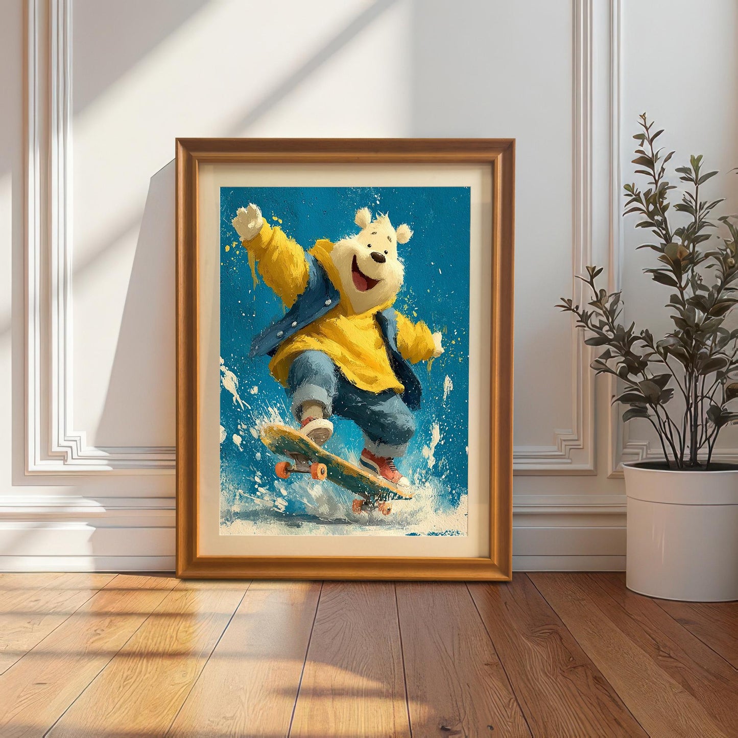 A framed painting of a polar bear on a skateboard, leaning against a white wall next to a large plant in a white pot.
