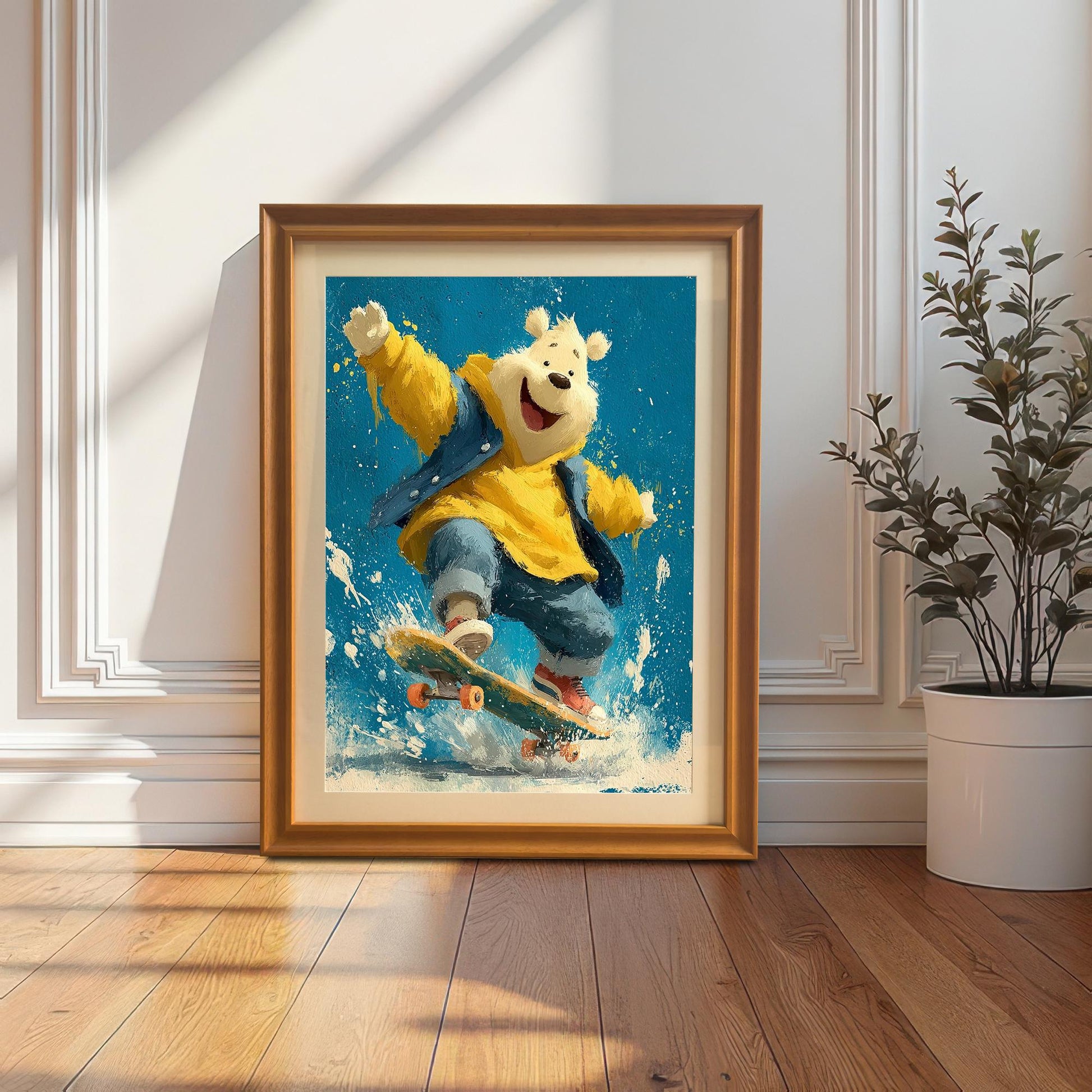 A framed painting of a polar bear on a skateboard, leaning against a white wall next to a large plant in a white pot.