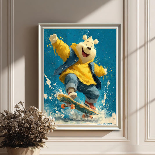 A framed painting of a happy polar bear on a skateboard. It's leaning against a white wall with a plant in a pot to the left.