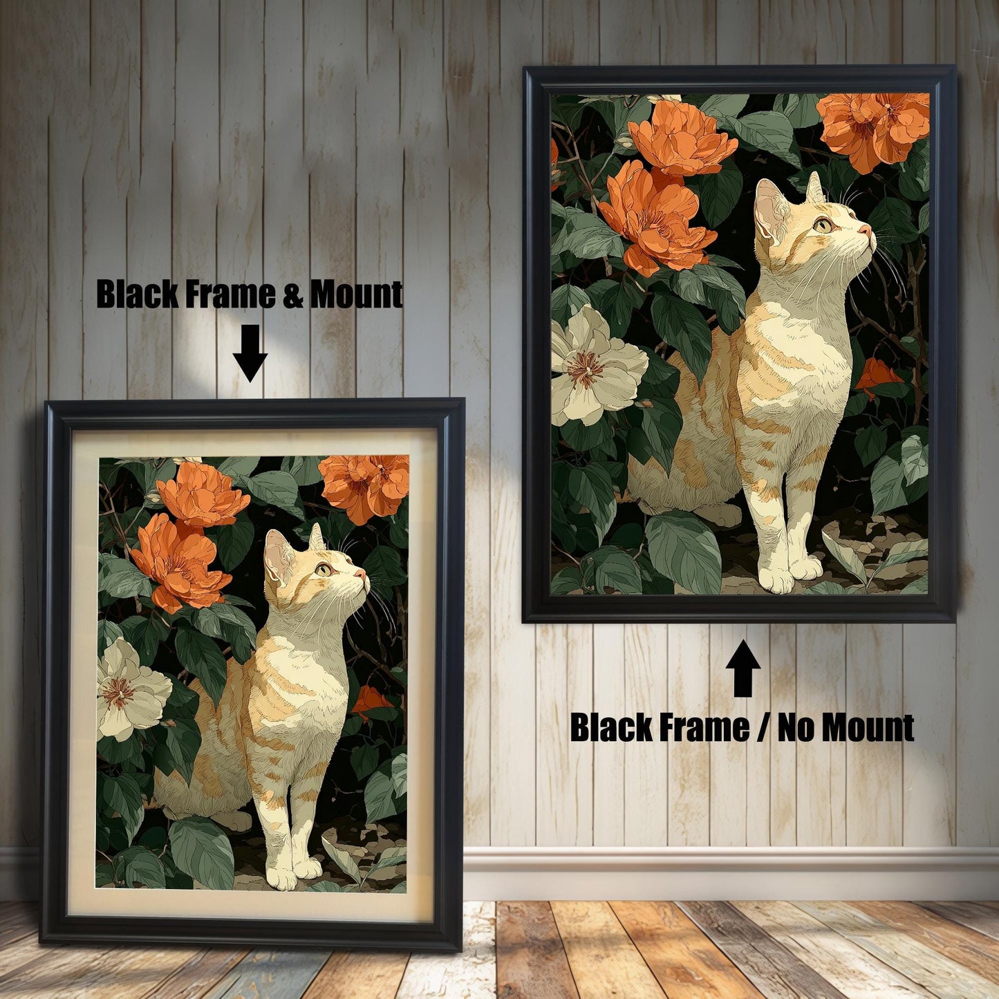Two framed cat and flower prints side-by-side. The left is a "Black Frame & Mount," and the right is a "Black Frame / No Mount."