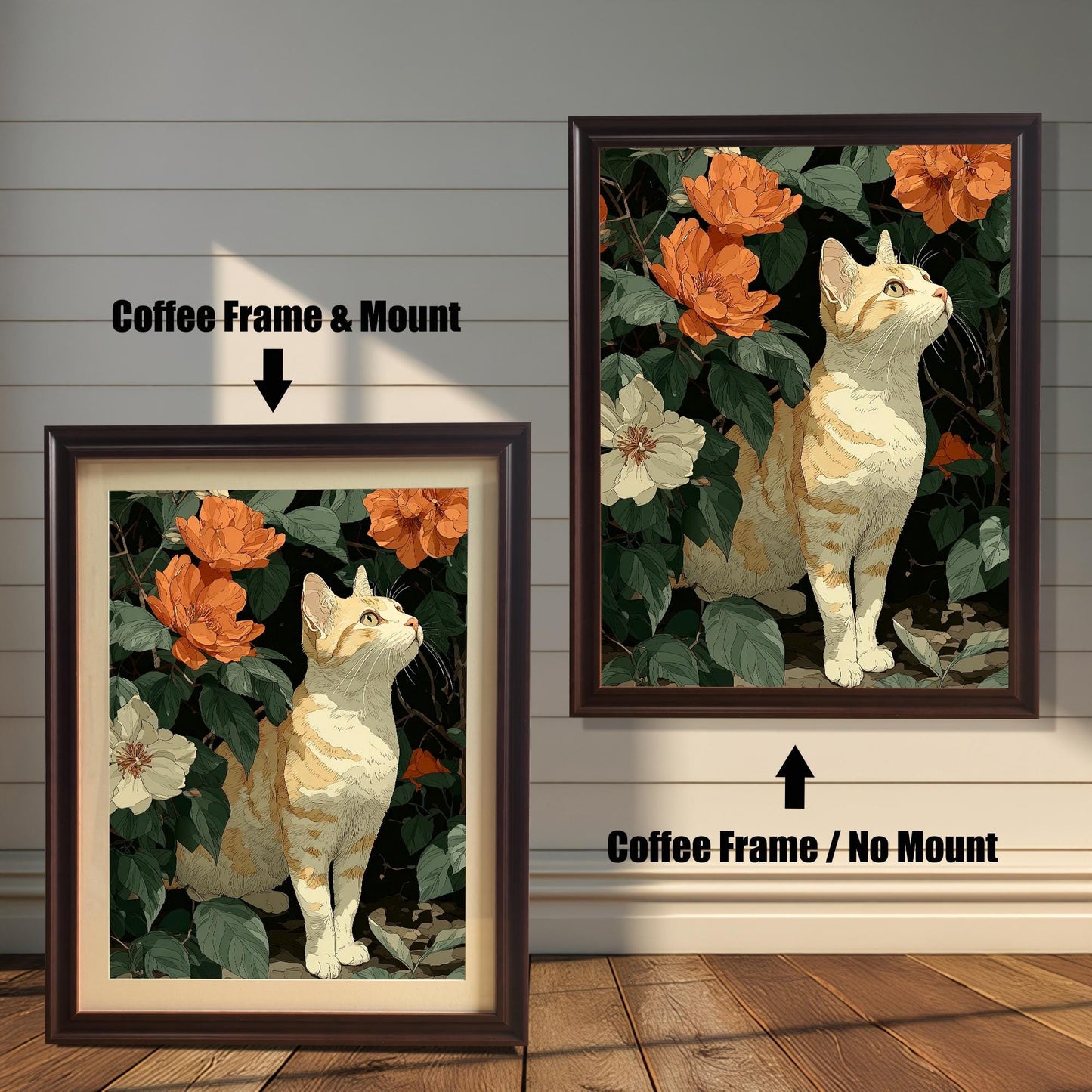 Two framed cat and flower prints side-by-side. The left is a "Coffee Frame & Mount," and the right is a "Coffee Frame / No Mount."