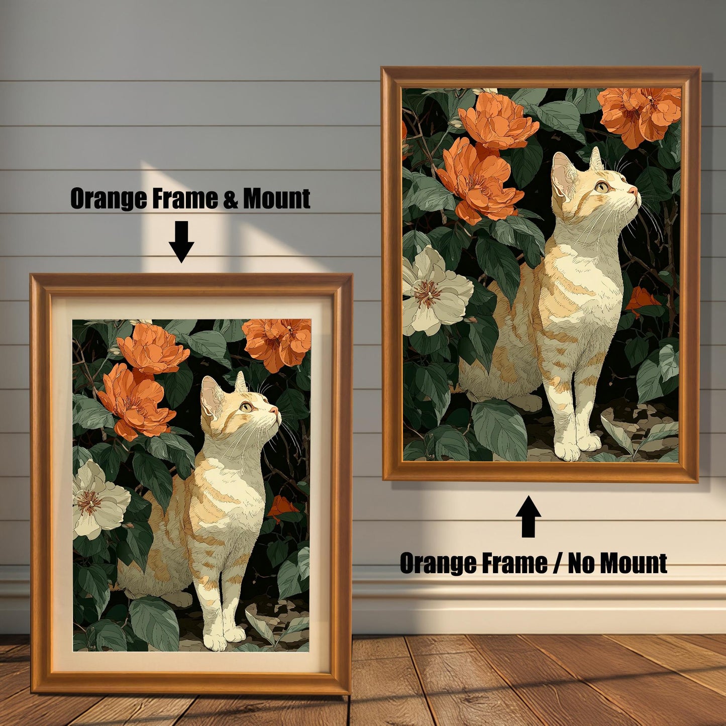 Two framed cat and flower prints side-by-side. The left is an "Orange Frame & Mount," and the right is an "Orange Frame / No Mount."