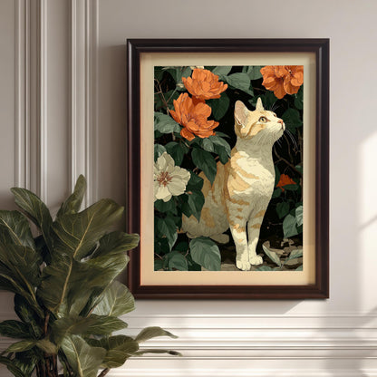 A framed wall art print of a cat among flowers, featuring a coffee/dark wood frame and a mount, hanging on a white paneled wall above a molding, next to a large potted plant.