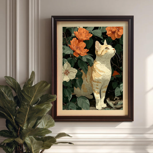A framed wall art print of a cat among flowers, featuring a coffee/dark wood frame and a mount, hanging on a white paneled wall above a molding, next to a large potted plant.