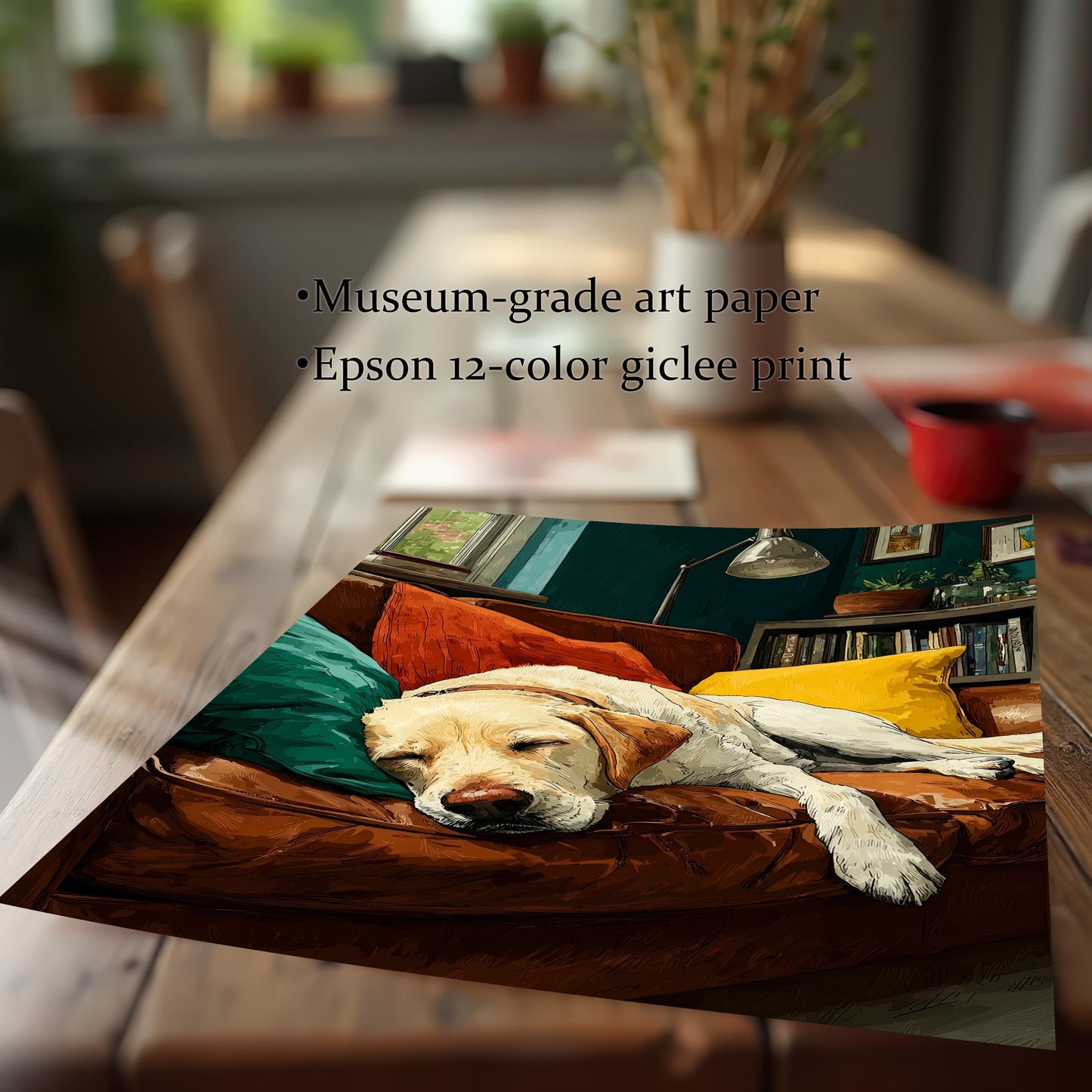 A close-up of a giclee print shows a sleeping dog on a couch, highlighting the art paper texture. Text reads "Museum-grade art paper" and "Epson 12-color giclee print."