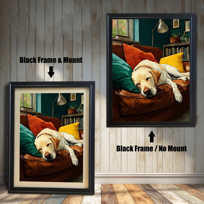 A pair of black-framed art prints show a sleeping dog on a couch. The one on the left has a white matting, while the one on the right does not.